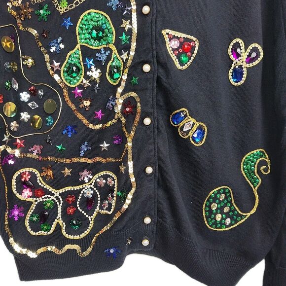 Vintage Smith-Forester Sequined Button-Up Women's Cardigan, Sz L, Black - Picture 3 of 9